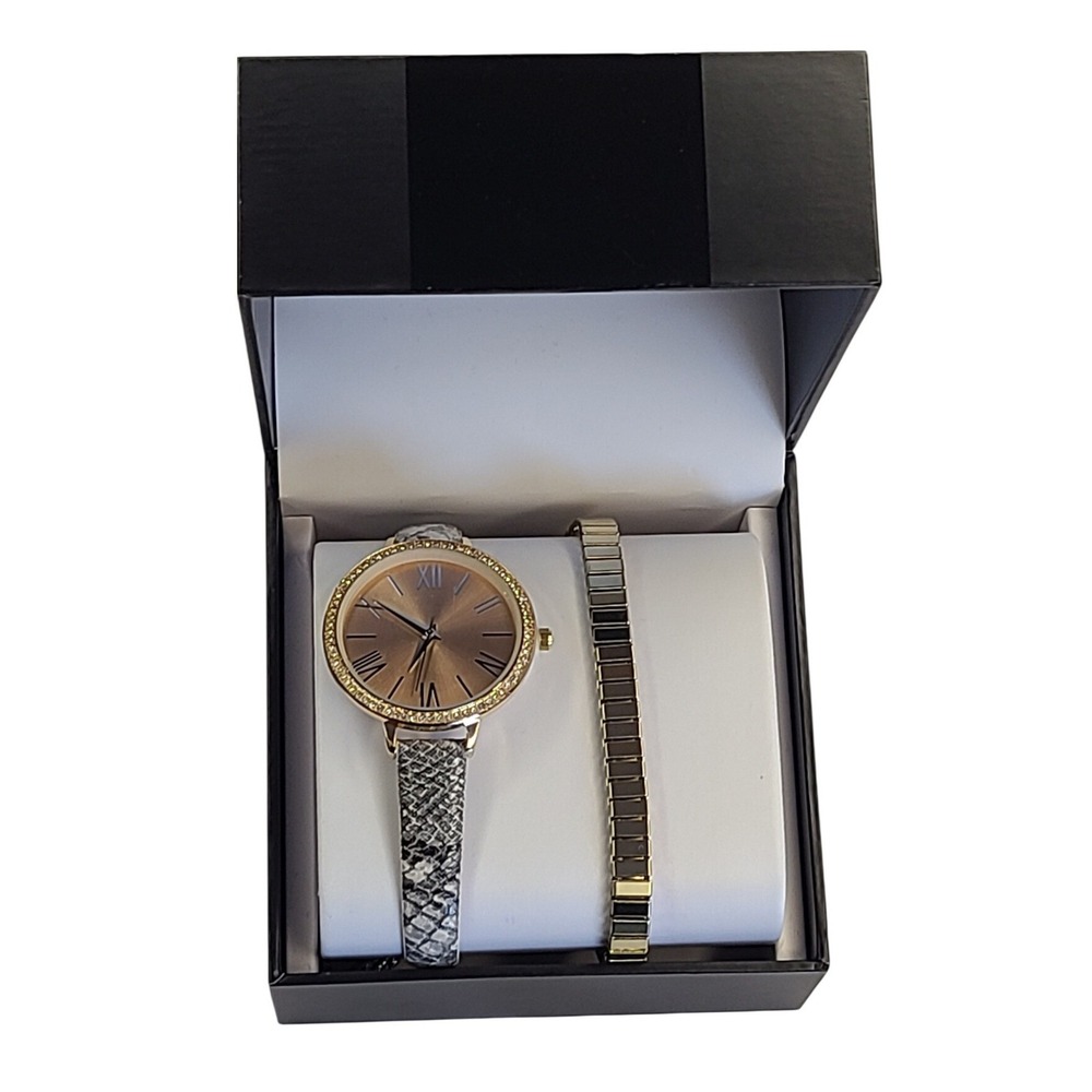 INC International Concepts Rose Gold Tone Watch and Bracelet Snake Print Band